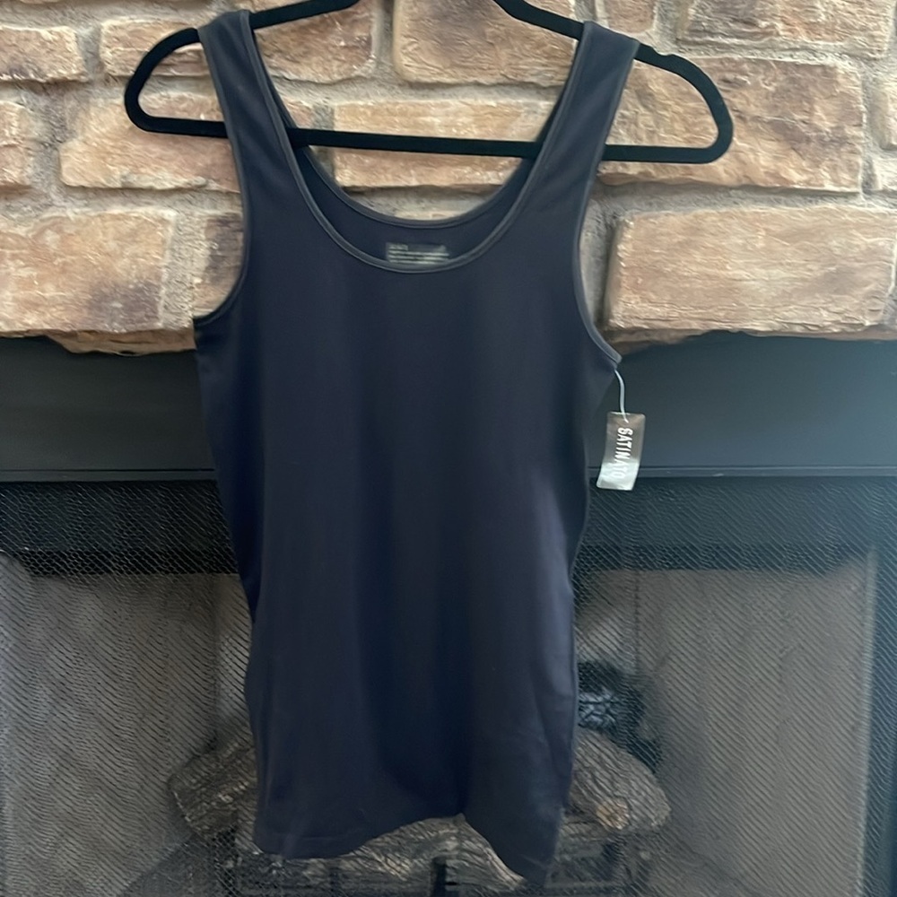 NWT Satinato black stretchy tank top/camisole with trim. Size Large.